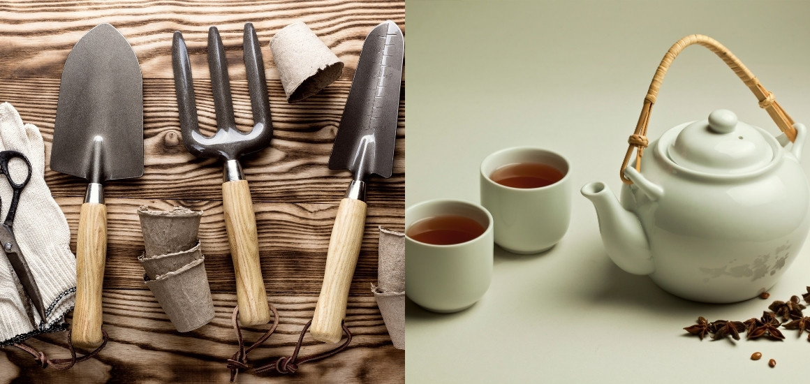 Bộ dụng cụ làm vườn, rượu vang, bộ thưởng trà