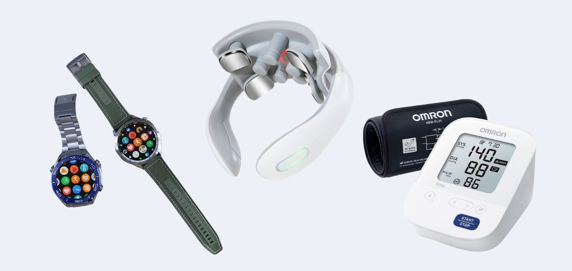 Đồng hồ thông minh, máy massage cổ vai gáy, máy đo huyết áp