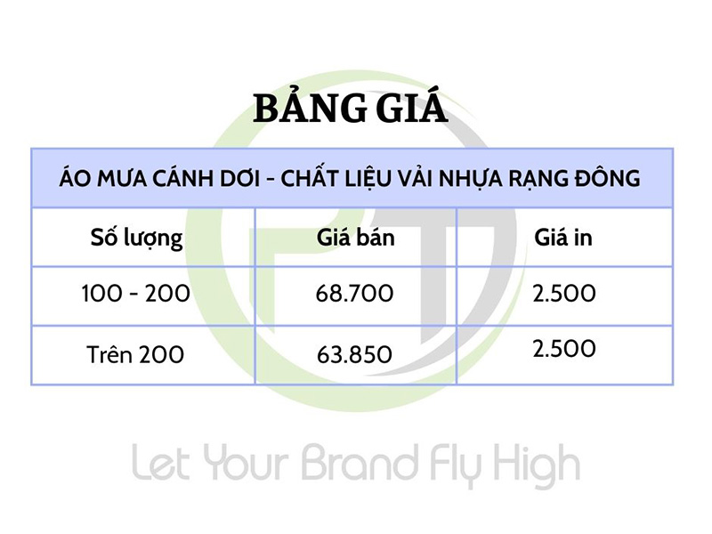 Hình 7: Bảng giá tham khảo in ấn áo mưa cánh dơi