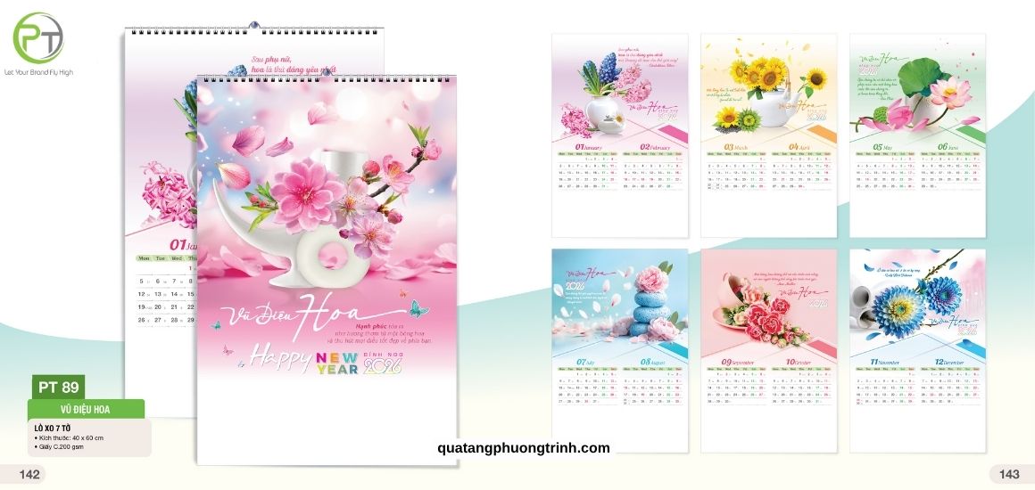 Mẫu lịch Tết treo tường lò xo 7 tờ Vũ điệu hoa cho năm mới thêm ngọt ngào