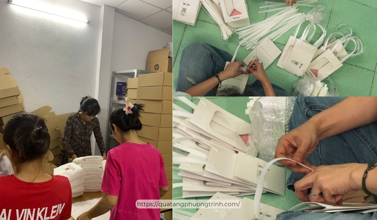 Hình ảnh các nhân viên của team Phương Trinh tận tâm với từng món quà của khách hàng