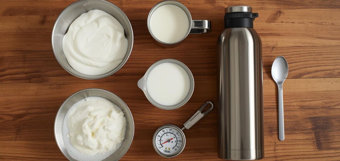 Nguyên liệu và dụng cụ để ủ sữa chua bằng bình giữ nhiệt