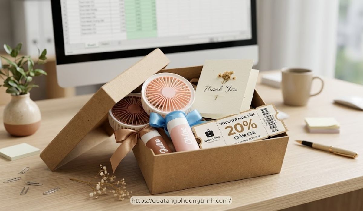 Set quà quạt cầm tay mini kèm thiệp và voucher mua hàng dành tặng khách hàng nữ của doanh nghiệp