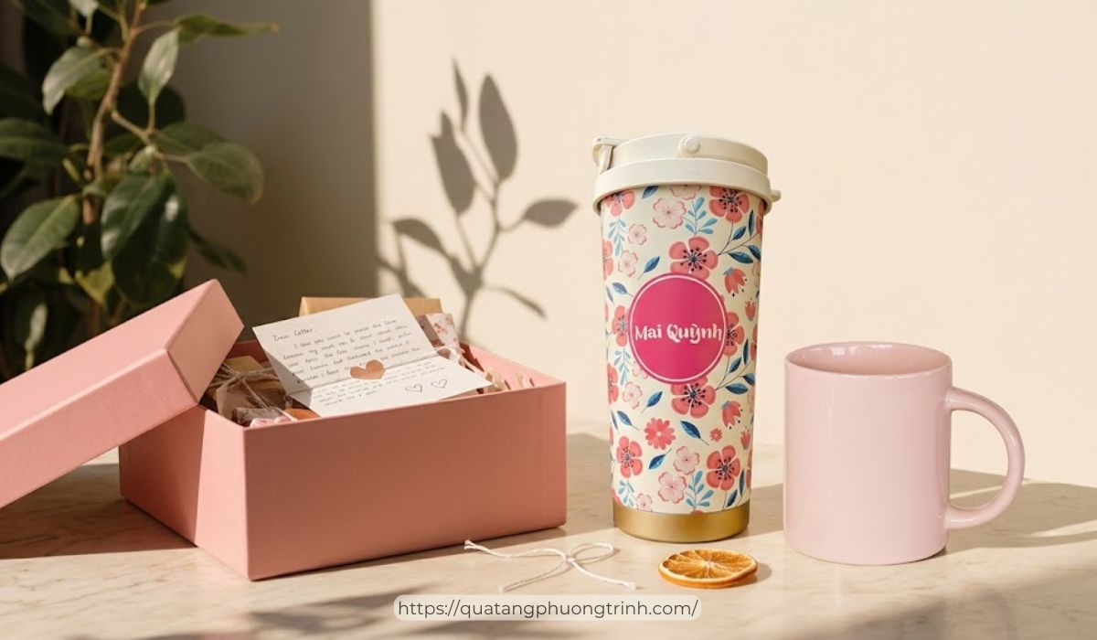 Set bình giữ nhiệt kèm ly sứ in tên người yêu thật ngọt ngào, đặt hàng tại Quà tặng Phương Trinh