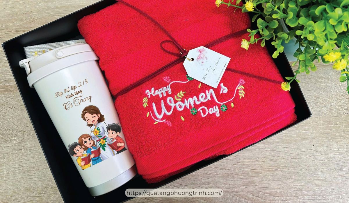 Bộ quà tặng khăn thêu cùng bình giữ nhiệt cao cấp - đặt quà tại Quà tặng Phương Trinh