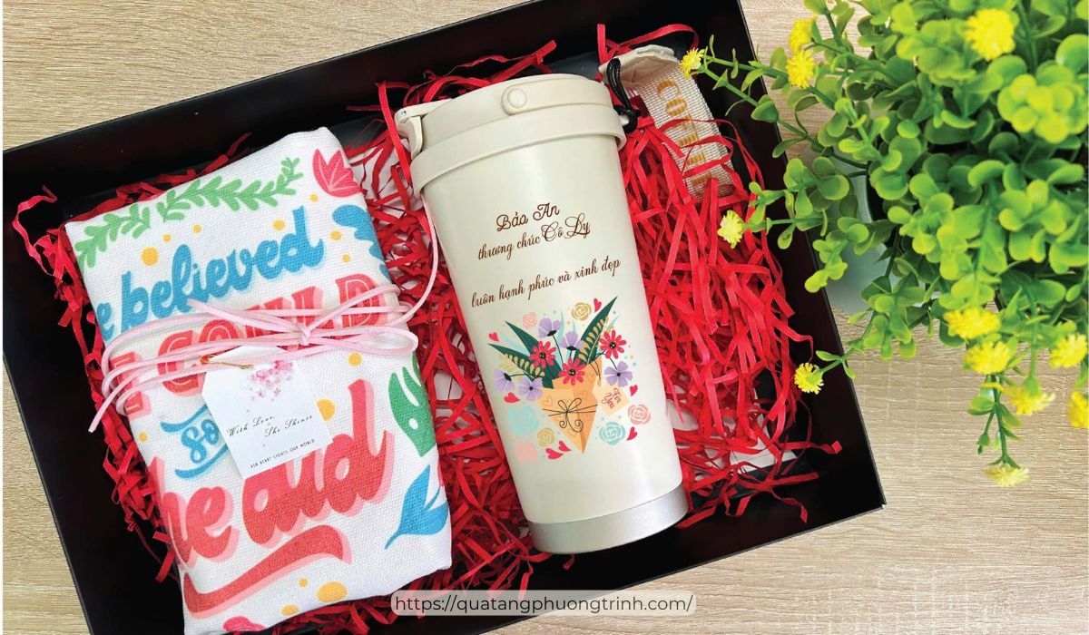 Set túi canvas kèm ly giữ nhiệt in hoạ tiết dành tặng cô giáo tại Quà tặng Phương Trinh