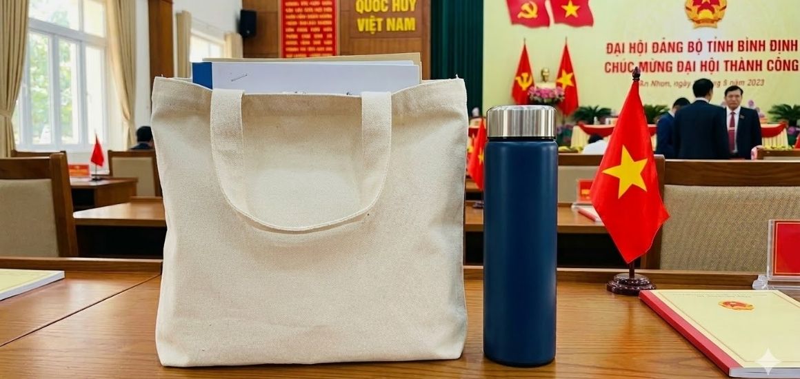 Bộ giải pháp quà tặng xanh gồm túi canvas và bình giữ nhiệt in logo