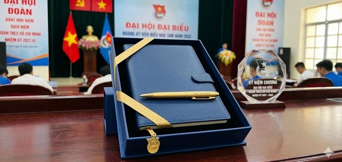 Bộ quà tặng sổ tay da cao cấp và bút ký tên đại biểu