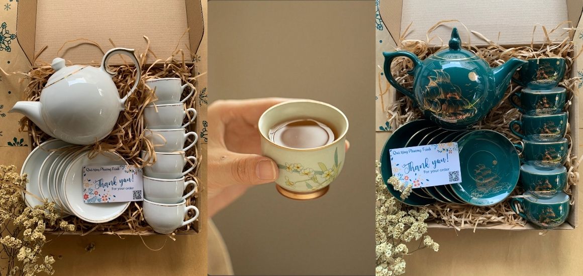 Bộ ấm chén gốm sứ Minh Long in biểu trưng Đại hội Hội LHTN sang trọng