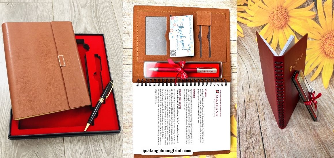Sổ tay bìa da và bút ký cao cấp in logo đại hội