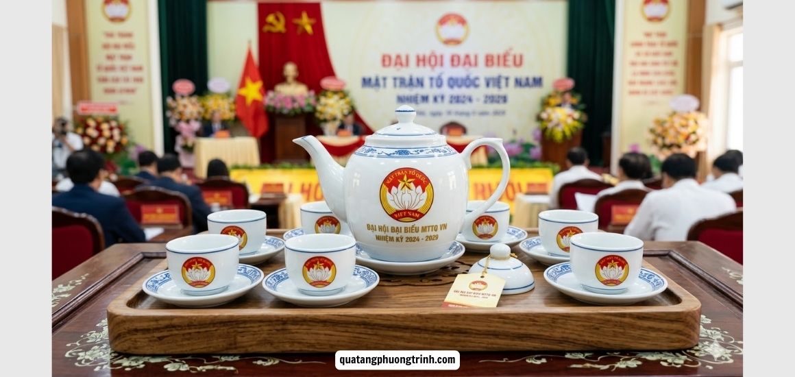 Bộ ấm chén gốm sứ Bát Tràng in logo Mặt trận Tổ quốc Việt Nam