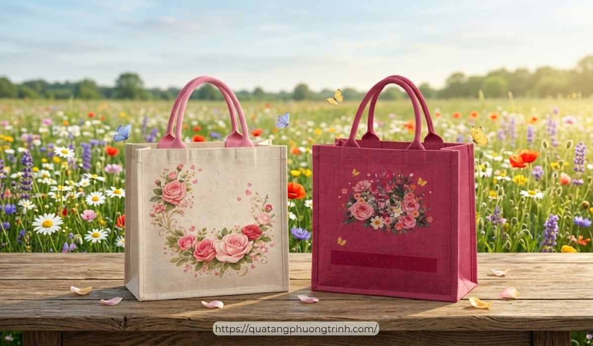 Mẫu túi linen hoạ tiết in tên theo yêu cầu đang có tại Quà tặng Phương Trinh