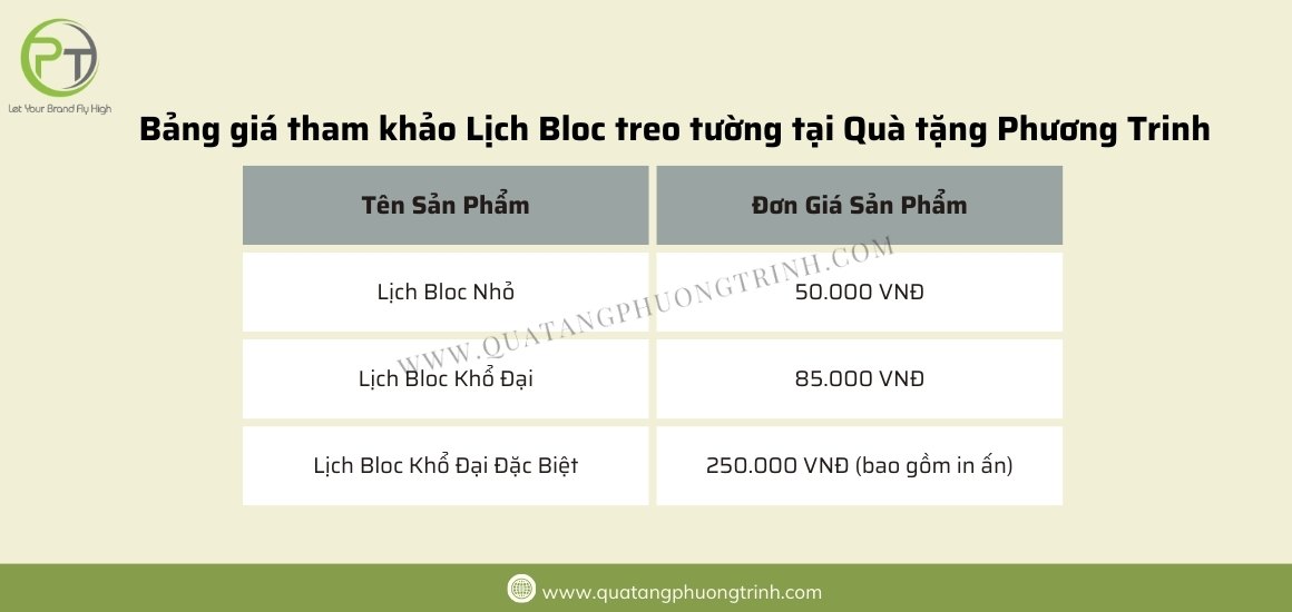 Bảng giá tham khảo lịch Bloc treo tường tại Quà tặng Phương Trinh