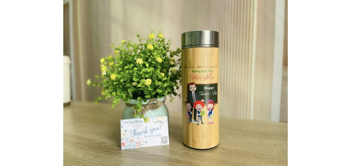 BÌNH GIỮ NHIỆT THÂN GỖ - Quà Tặng Phương Trinh